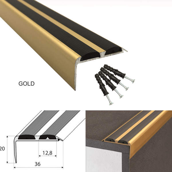 Anodised Aluminium Stair Nosing with Dual Anti-Slip Inserts