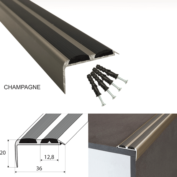 Anodised Aluminium Stair Nosing with Dual Anti-Slip Inserts