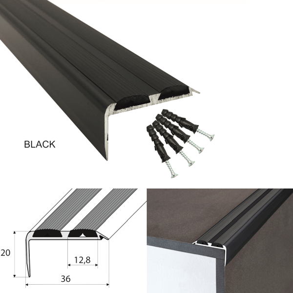 Anodised Aluminium Stair Nosing with Dual Anti-Slip Inserts