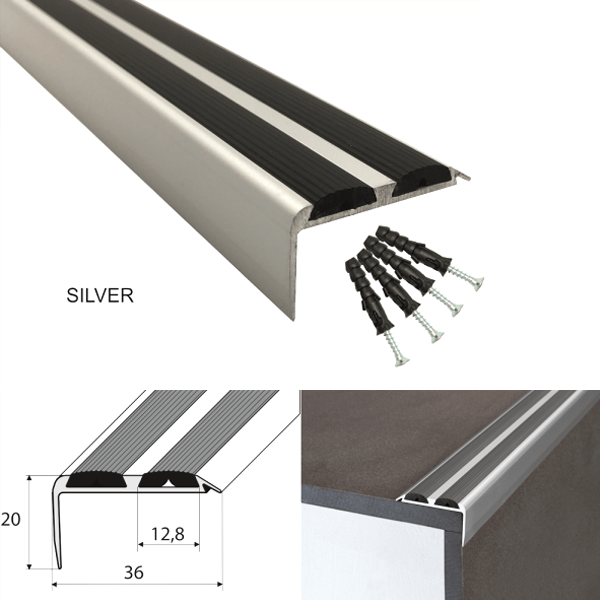 Anodised Aluminium Stair Nosing with Dual Anti-Slip Inserts