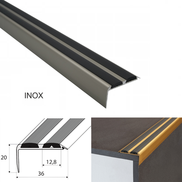 Anodised Aluminium Stair Nosing with Dual Anti-Slip Inserts