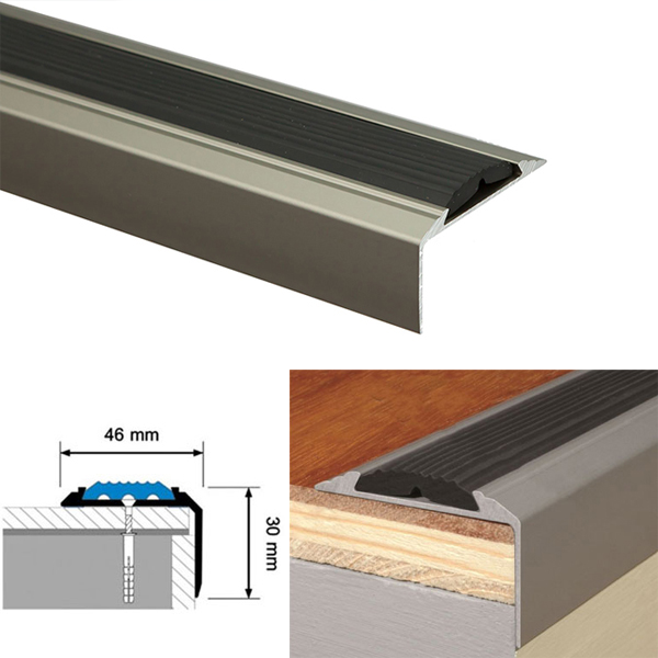 Aluminium Silver Stair Nosing For Tread Edges with Anti-Slip Rubber Insert