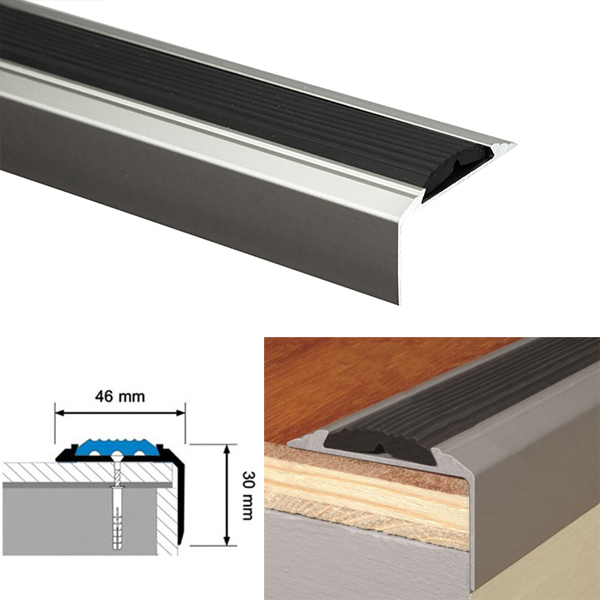 Aluminium Silver Stair Nosing For Tread Edges with Anti-Slip Rubber Insert