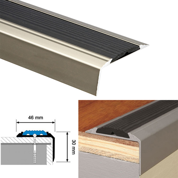 Aluminium Silver Stair Nosing For Tread Edges with Anti-Slip Rubber Insert