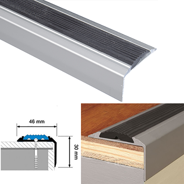 Aluminium Silver Stair Nosing For Tread Edges with Anti-Slip Rubber Insert