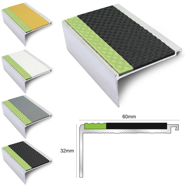 Non Slip 60mm x 32mm Commercial Stair Nosing With PVC Insert for Edge Protection 