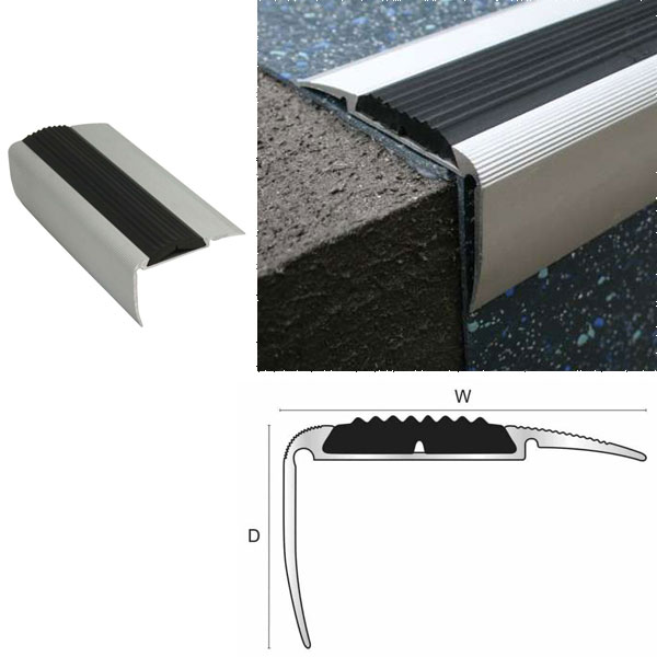  Non Slip 54mm x 30mm Anodised Silver Aluminium Stair Nosing With Black Rubber Insert 