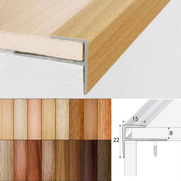 15mm x 22mm Aluminium Push-In Wood Effect Stair Nosing Edge Trim 